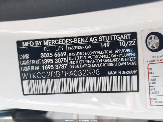 45801715 :رقم المزاد ، W1KCG2DB1PA032398 vin ، 2023 Mercedes-benz Eqs 450+ مزاد بيع