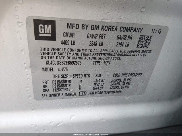 2014 Buick Encore Leather მანქანა იყიდება აუქციონზე, vin: KL4CJGSB2EB592525, აუქციონის ნომერი: 45801720