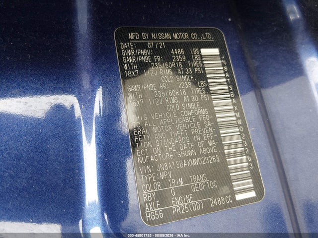 Продажа на аукционе авто 2021 Nissan Rogue Sv Fwd, vin: JN8AT3BAXMW023263, номер лота: 45801753