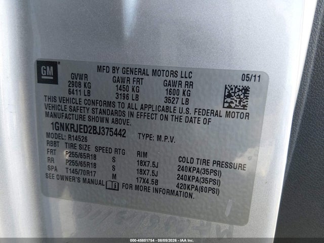 Aukcja sprzedaży 2011 Chevrolet Traverse Lt W/2lt, vin: 1GNKRJED2BJ375442, numer aukcji: 45801754