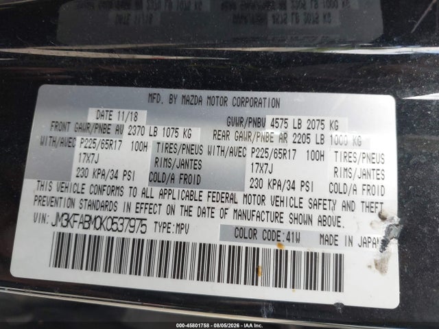 Aukcja sprzedaży 2019 Mazda Cx-5 Sport, vin: JM3KFABM0K0537975, numer aukcji: 45801758