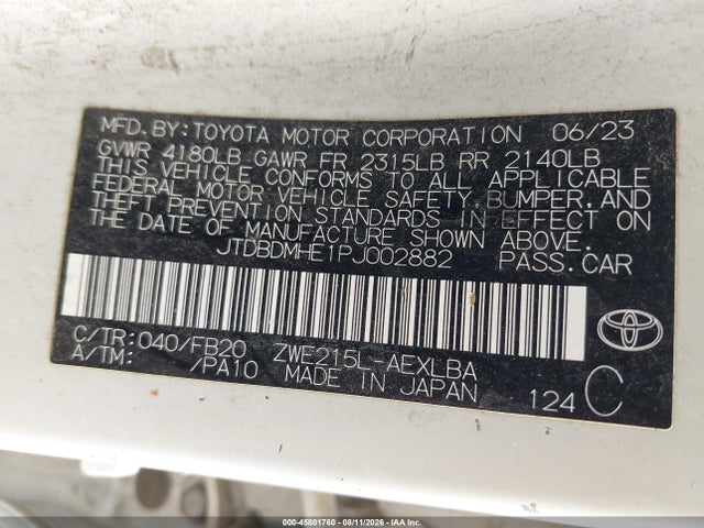 Aukcja sprzedaży 2023 Toyota Corolla Hybrid Le, vin: JTDBDMHE1PJ002882, numer aukcji: 45801760