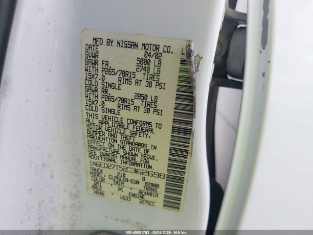 Aukcja sprzedaży 2002 Nissan Frontier Xe-v6, vin: 1N6ED27T52C362698, numer aukcji: 45801762