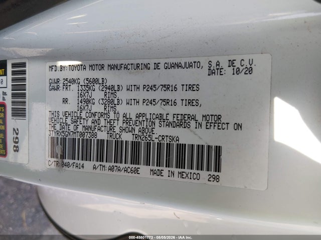 2021 Toyota Tacoma Sr მანქანა იყიდება აუქციონზე, vin: 3TYRX5GN7MT007388, აუქციონის ნომერი: 45801773