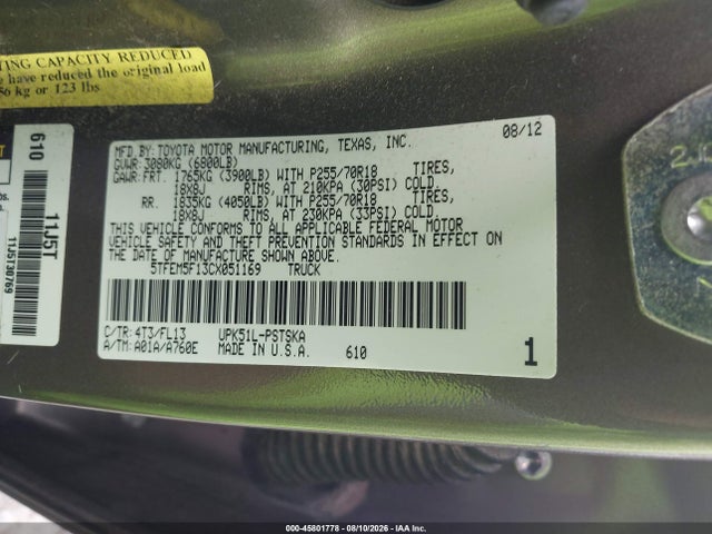 45801778 :رقم المزاد ، 5TFEM5F13CX051169 vin ، 2012 Toyota Tundra Grade 4.6l V8 مزاد بيع