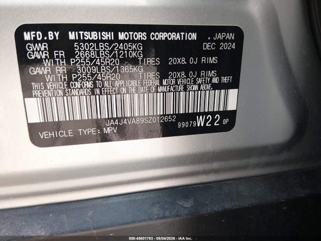 2025 Mitsubishi Outlander Se 2.5 S-awc/trail Edition S-awc მანქანა იყიდება აუქციონზე, vin: JA4J4VA89SZ012652, აუქციონის ნომერი: 45801793