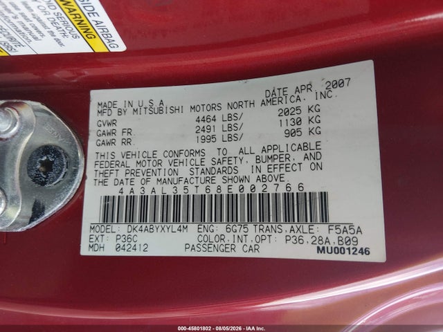 Aukcja sprzedaży 2008 Mitsubishi Eclipse Spyder Gt, vin: 4A3AL35T68E002766, numer aukcji: 45801802