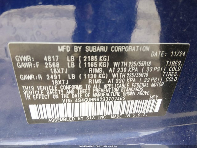 Aukcja sprzedaży 2025 Subaru Crosstrek Limited, vin: 4S4GUHN62S3702462, numer aukcji: 45801807