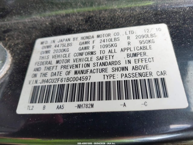 2011 Acura Tsx 2.4 მანქანა იყიდება აუქციონზე, vin: JH4CU2F61BC004597, აუქციონის ნომერი: 45801808
