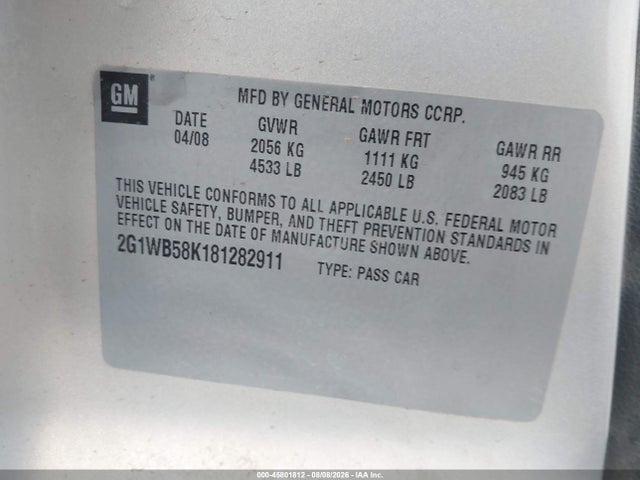 45801812 :رقم المزاد ، 2G1WB58K181282911 vin ، 2008 Chevrolet Impala Ls مزاد بيع