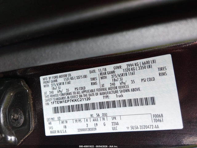 1FTEW1EP7KKC21120 Ford F-150 Xlt