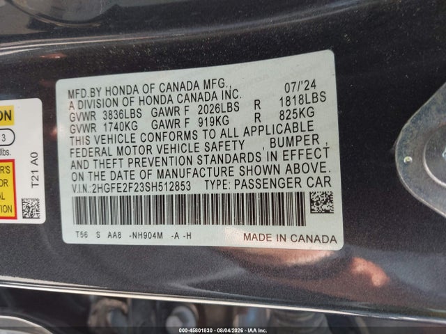 Продаж на аукціоні авто 2025 Honda Civic Lx, vin: 2HGFE2F23SH512853, номер лоту: 45801830