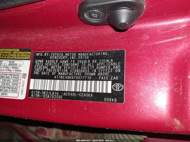 45801837 :رقم المزاد ، 4T1BE46K67U077710 vin ، 2007 Toyota Camry Se مزاد بيع