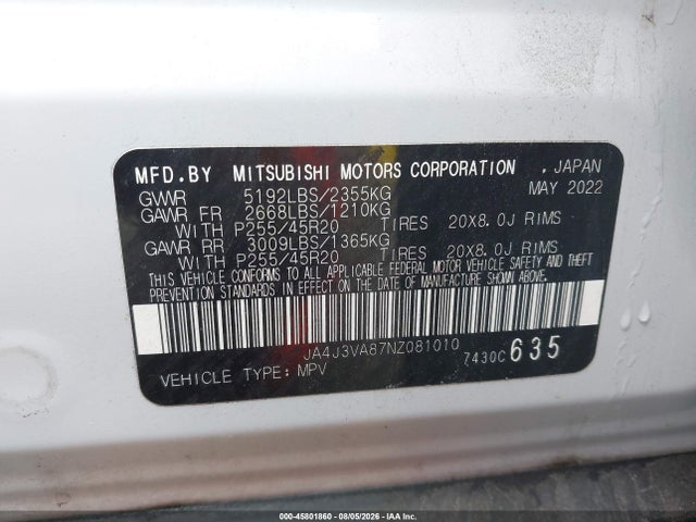 Aukcja sprzedaży 2022 Mitsubishi Outlander Sel 2.5 2wd, vin: JA4J3VA87NZ081010, numer aukcji: 45801860