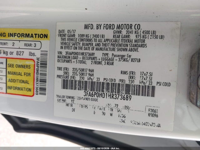 Aukcja sprzedaży 2017 Ford Fusion Se, vin: 3FA6P0HD1HR373689, numer aukcji: 45801873