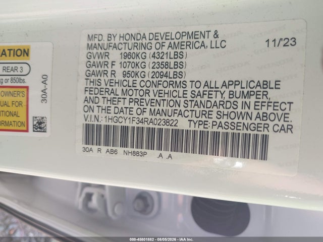 45801882 :رقم المزاد ، 1HGCY1F34RA023822 vin ، 2024 Honda Accord Ex مزاد بيع
