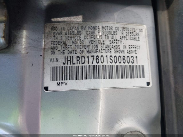 45801893 :رقم المزاد ، JHLRD17601S006031 vin ، 2001 Honda Cr-v Ex مزاد بيع