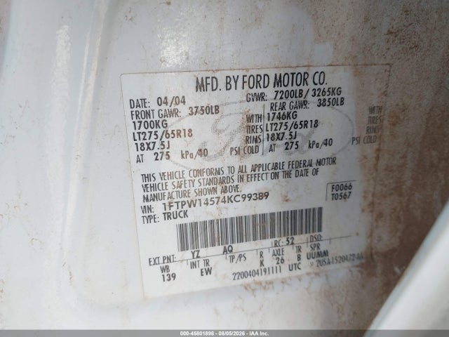 Продаж на аукціоні авто 2004 Ford F-150 Fx4/lariat/xlt, vin: 1FTPW14574KC99389, номер лоту: 45801898