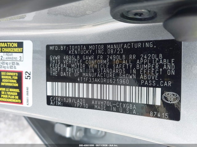 Aukcja sprzedaży 2024 Toyota Camry Hybrid Xle, vin: 4T1F31AK0RU621960, numer aukcji: 45801899