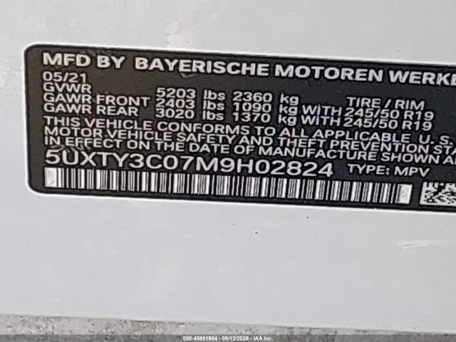 Aukcja sprzedaży 2021 Bmw X3 Sdrive30i, vin: 5UXTY3C07M9H02824, numer aukcji: 45801904