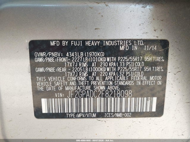 2015 Subaru Xv Crosstrek 2.0i Premium მანქანა იყიდება აუქციონზე, vin: JF2GPADC2F8218098, აუქციონის ნომერი: 45801905