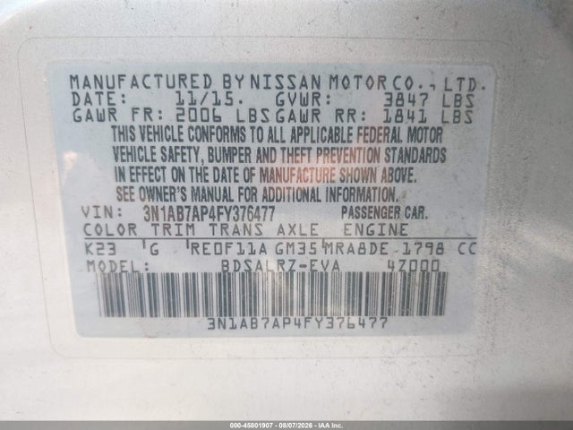 Продажа на аукционе авто 2015 Nissan Sentra Sr, vin: 3N1AB7AP4FY376477, номер лота: 45801907