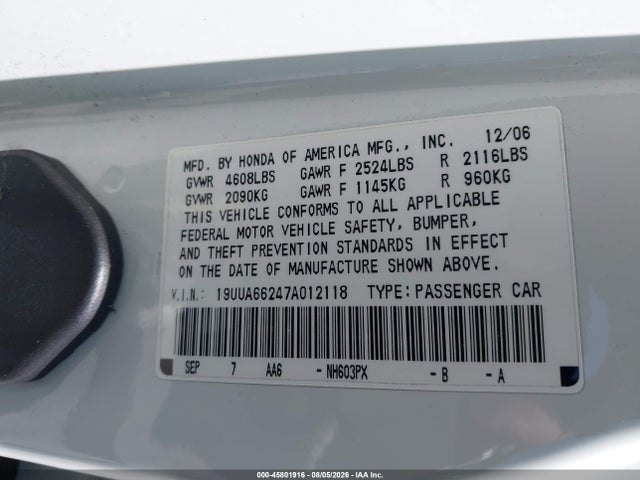 45801916 :رقم المزاد ، 19UUA66247A012118 vin ، 2007 Acura Tl 3.2 مزاد بيع