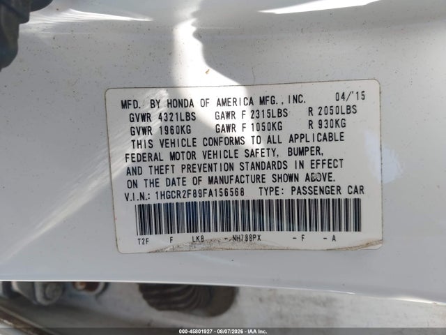 Aukcja sprzedaży 2015 Honda Accord Ex-l, vin: 1HGCR2F89FA156568, numer aukcji: 45801927