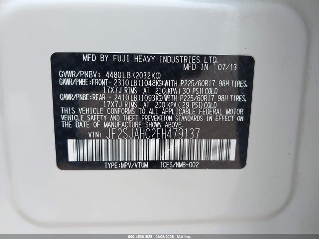 2014 Subaru Forester 2.5i Limited მანქანა იყიდება აუქციონზე, vin: JF2SJAHC2EH479137, აუქციონის ნომერი: 45801928