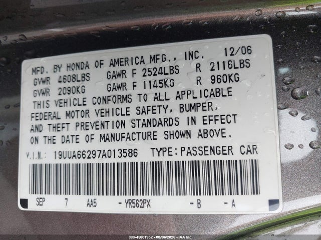Aukcja sprzedaży 2007 Acura Tl 3.2, vin: 19UUA66297A013586, numer aukcji: 45801952