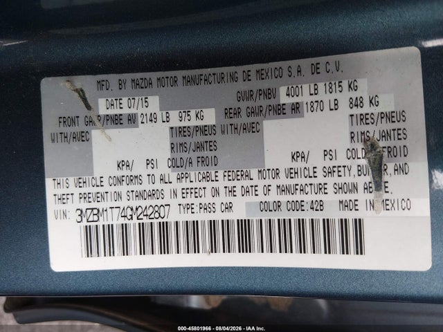 45801966 :رقم المزاد ، 3MZBM1T74GM242807 vin ، 2016 Mazda Mazda3 I Sport مزاد بيع