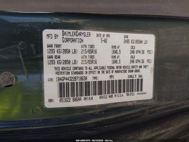 45801970 :رقم المزاد ، 1B4GP44322B718630 vin ، 2002 Dodge Grand Caravan Sport مزاد بيع