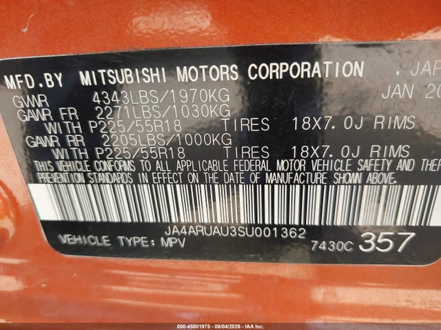 2025 Mitsubishi Outlander Sport 2.0 Es Awc/2.0 Le Awc/2.0 S Awc/2.0 Se Awc/2.0 Trail Edition Awc მანქანა იყიდება აუქციონზე, vin: JA4ARUAU3SU001362, აუქციონის ნომერი: 45801975
