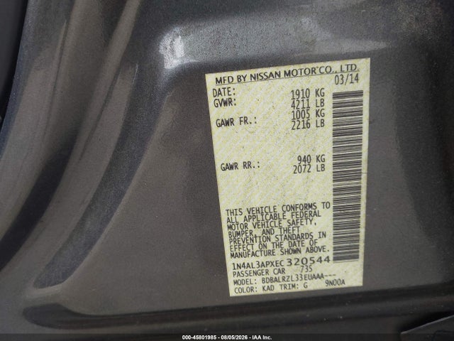 Продаж на аукціоні авто 2014 Nissan Altima 2.5/2.5 S/2.5 Sl/2.5 Sv, vin: 1N4AL3APXEC320544, номер лоту: 45801985