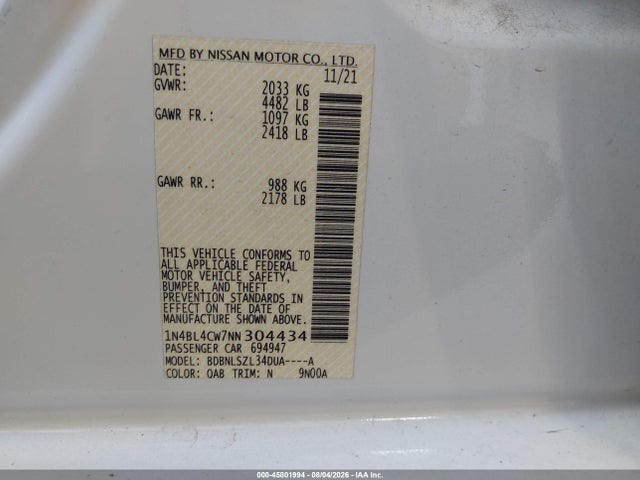 1N4BL4CW7NN304434 Nissan Altima Sr Intelligent Awd
