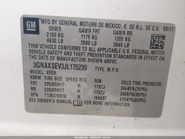 2018 Chevrolet Equinox Lt მანქანა იყიდება აუქციონზე, vin: 3GNAXSEV3JL175239, აუქციონის ნომერი: 45801997