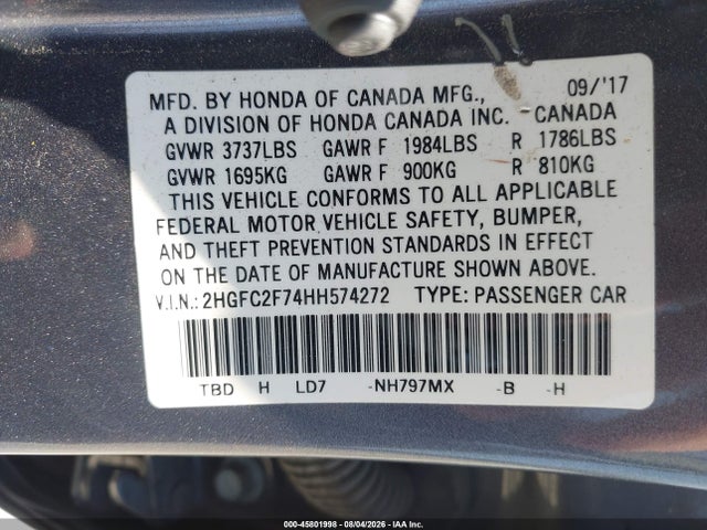 Honda CIVIC EX 2017 2HGFC2F74HH574272 Image 9