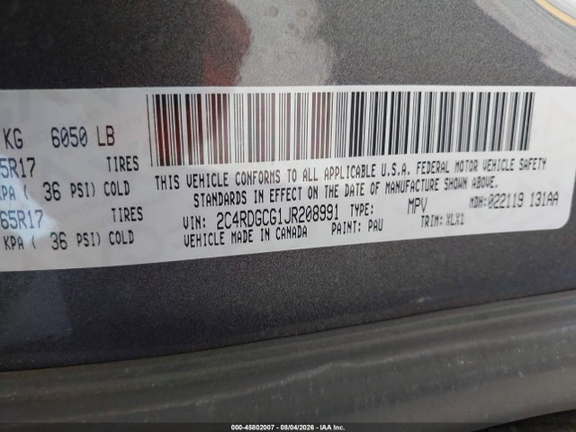 2018 Dodge Grand Caravan Sxt მანქანა იყიდება აუქციონზე, vin: 2C4RDGCG1JR208991, აუქციონის ნომერი: 45802007
