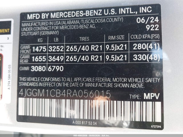 45802009 :رقم المزاد ، 4JGGM1CB4RA056015 vin ، 2024 Mercedes-benz Eqe 350 Suv 4matic مزاد بيع