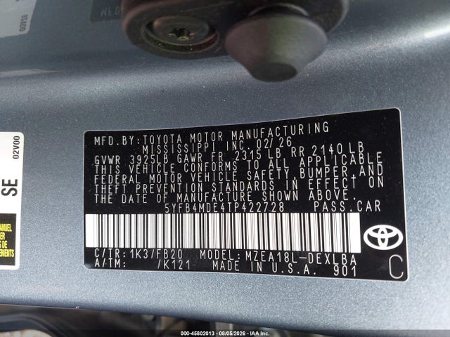 Aukcja sprzedaży 2026 Toyota Corolla Le, vin: 5YFB4MDE4TP422728, numer aukcji: 45802013