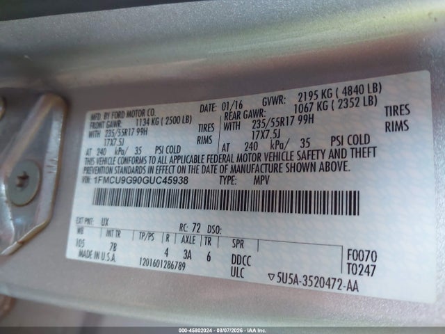 Ford ESCAPE SE 2016 1FMCU9G90GUC45938 Image 9