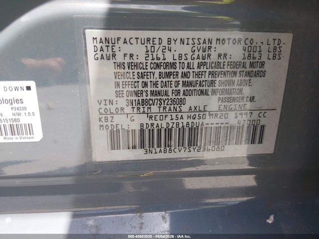 2025 Nissan Sentra Sv მანქანა იყიდება აუქციონზე, vin: 3N1AB8CV7SY236080, აუქციონის ნომერი: 45802030