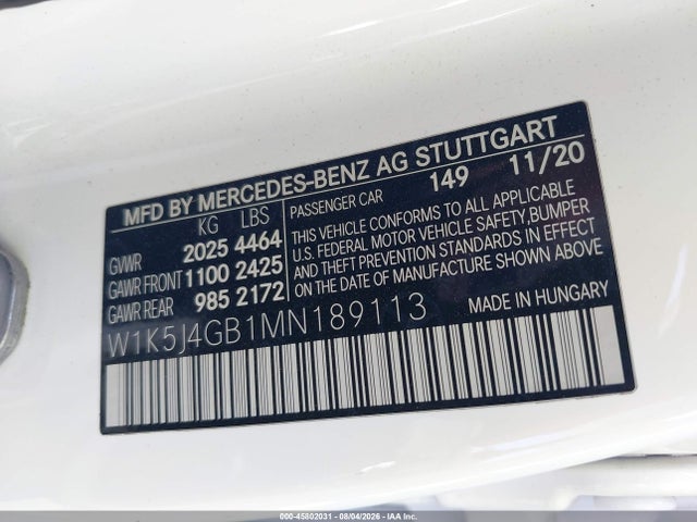 Aukcja sprzedaży 2021 Mercedes-benz Cla 250, vin: W1K5J4GB1MN189113, numer aukcji: 45802031