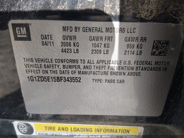 2011 Chevrolet Malibu 2lt მანქანა იყიდება აუქციონზე, vin: 1G1ZD5E15BF343552, აუქციონის ნომერი: 45802038