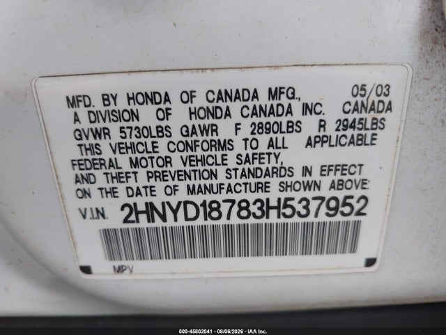 Продаж на аукціоні авто 2003 Acura Mdx, vin: 2HNYD18783H537952, номер лоту: 45802041