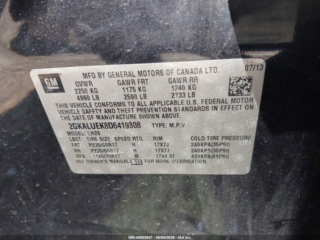 45802047 :رقم المزاد ، 2GKALUEK8D6419308 vin ، 2013 Gmc Terrain Slt-1 مزاد بيع
