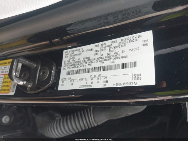 Aukcja sprzedaży 2022 Ford F-150 Lariat, vin: 1FTFW1E8XNFC11255, numer aukcji: 45802052