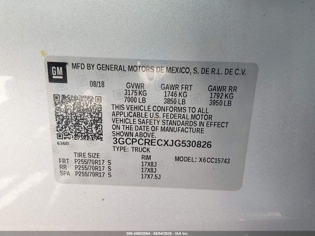 3GCPCRECXJG530826 Chevrolet Silverado 1500 1lt