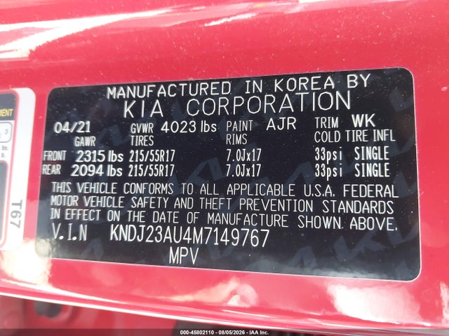Продажа на аукционе авто 2021 Kia Soul S, vin: KNDJ23AU4M7149767, номер лота: 45802110