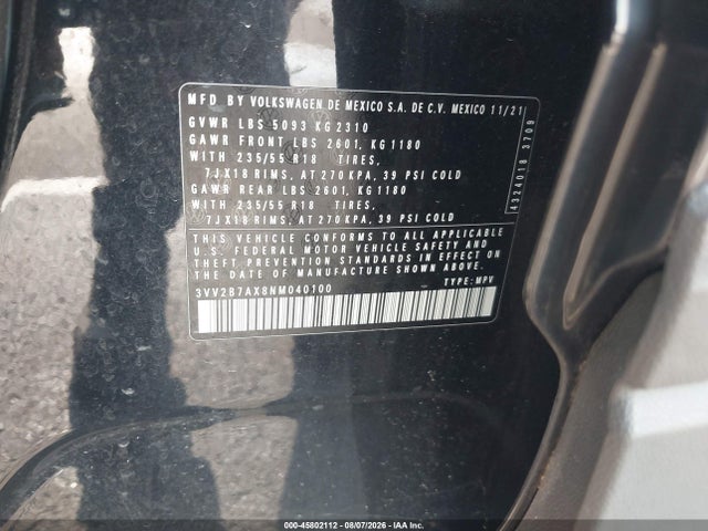 2022 Volkswagen Tiguan 2.0t Se მანქანა იყიდება აუქციონზე, vin: 3VV2B7AX8NM040100, აუქციონის ნომერი: 45802112